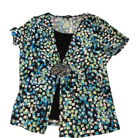 Elementz women's blouse two-fer Medium short sleeves relaxed silver clasp blue - Picture 1 of 14